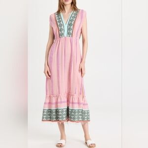 Lemlem Pink Striped Cotton Gauze V-Neck Sleeveless Empire Waist Rosa Midi Dress